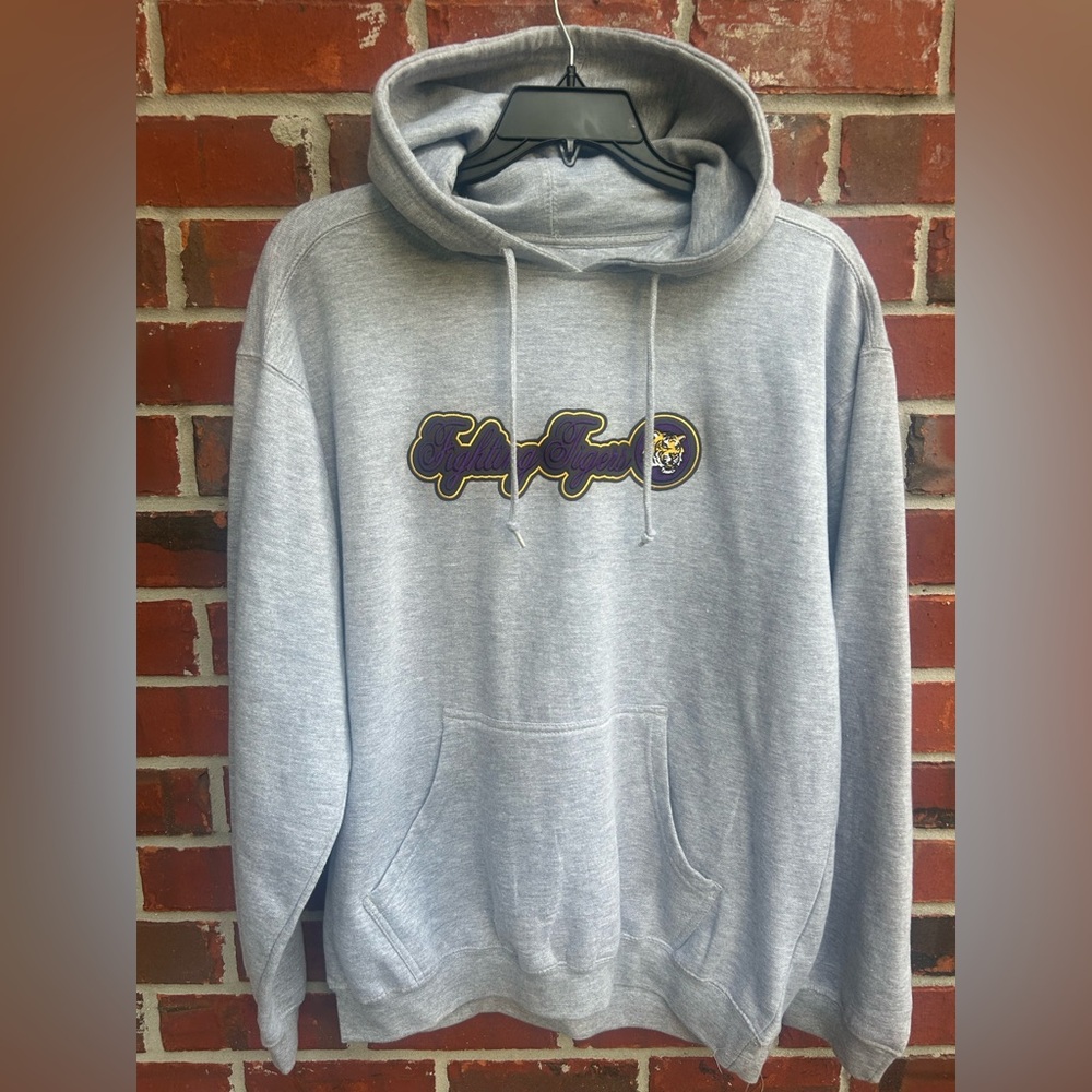 LSU Fighting Tigers Men’s Large Gray Hoodie w/ Logo Hooded Sweatshirt Louisiana